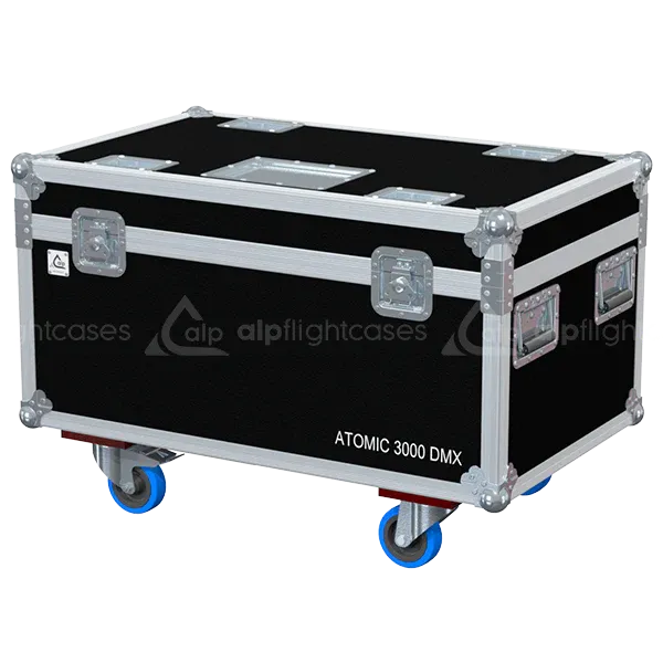 Front right view of the ALP Flight Case for 4x Martin Atomic 3000 DMX with wheels and PVC finishing