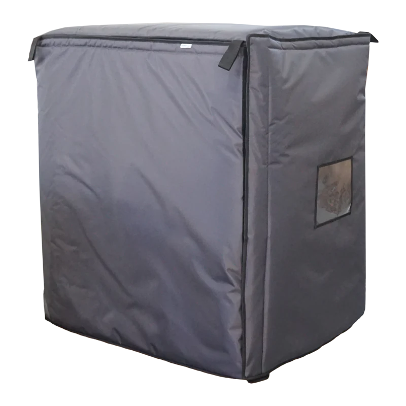 Front left view of the ALP Cover for Pallet Refrigeration showing Velcro 50mm closure, hand straps and A4 paper slots