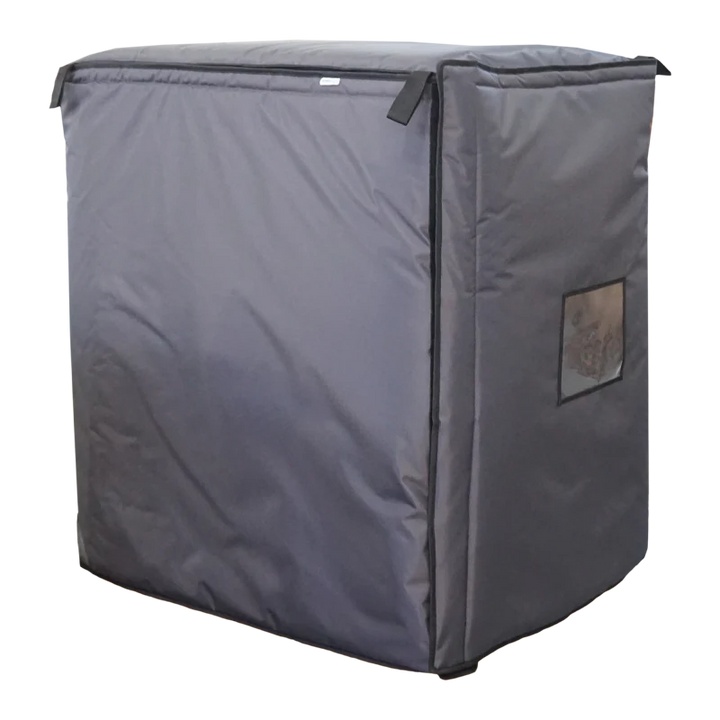 Front left view of the ALP Cover for Pallet Refrigeration showing Velcro 50mm closure, hand straps and A4 paper slots