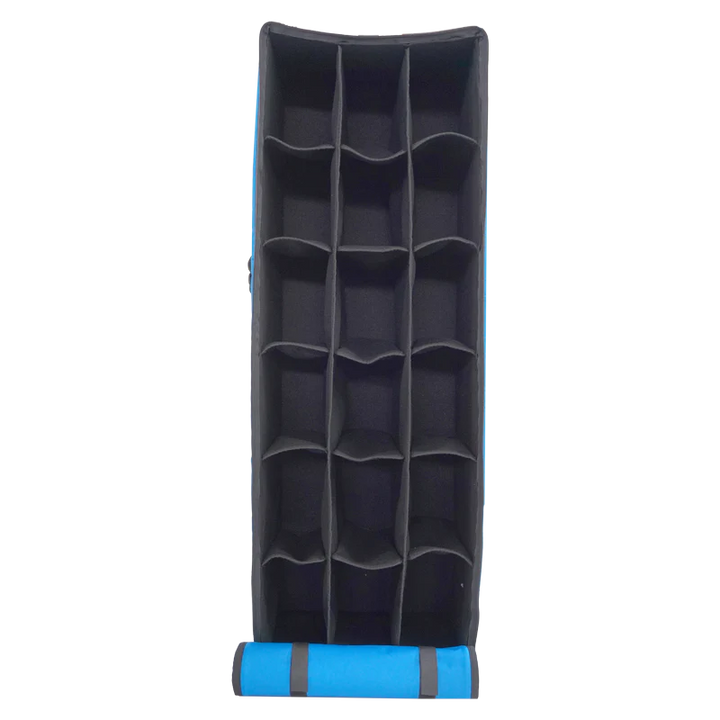 Open empty view of the ALP Bag for Transport with 18 Compartments for Shoes showing the internal compartment layout