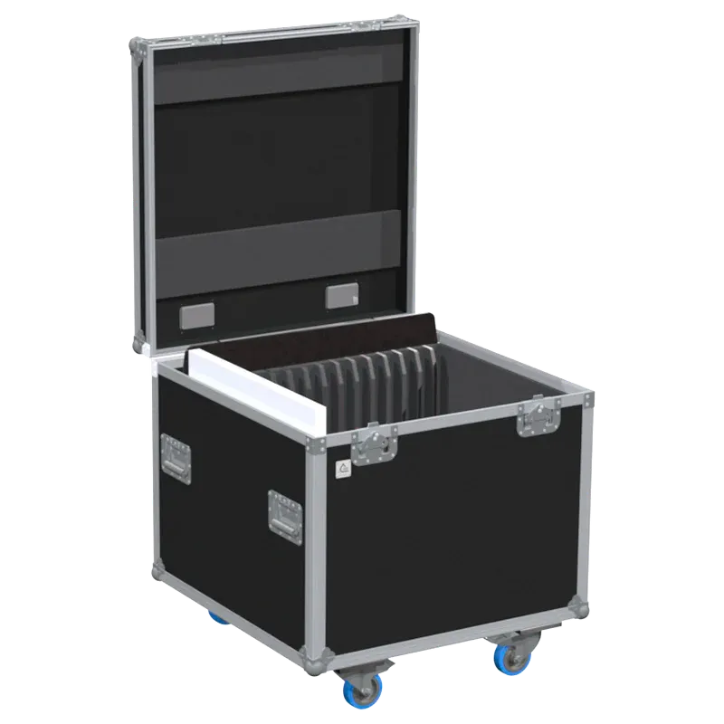 Open ALP Flight Case LP16P001R containing 16 Showtec Dance Floor Sparkle panels arranged for transport and storage.