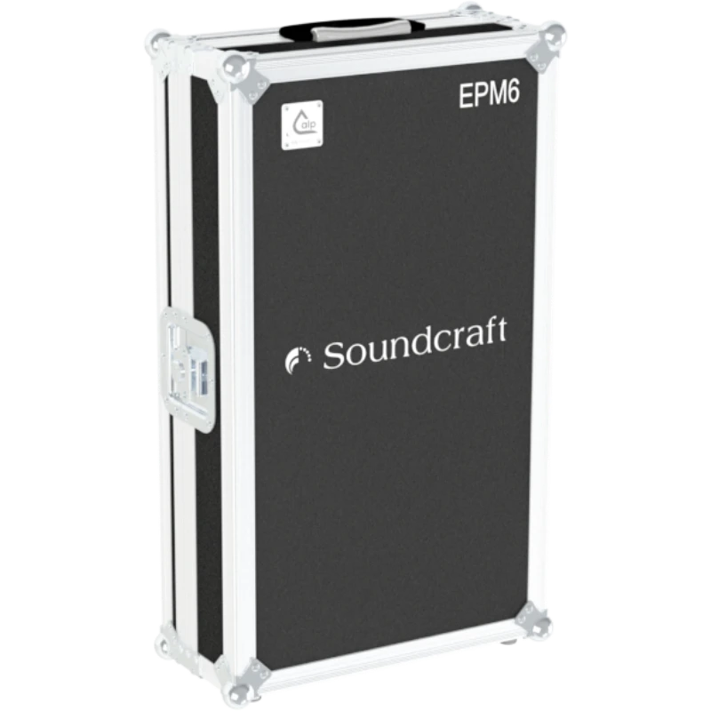 Front left view of the ALP Flight Case for Soundcraft EPM6 Serie II showing butterfly catches and small ball corners