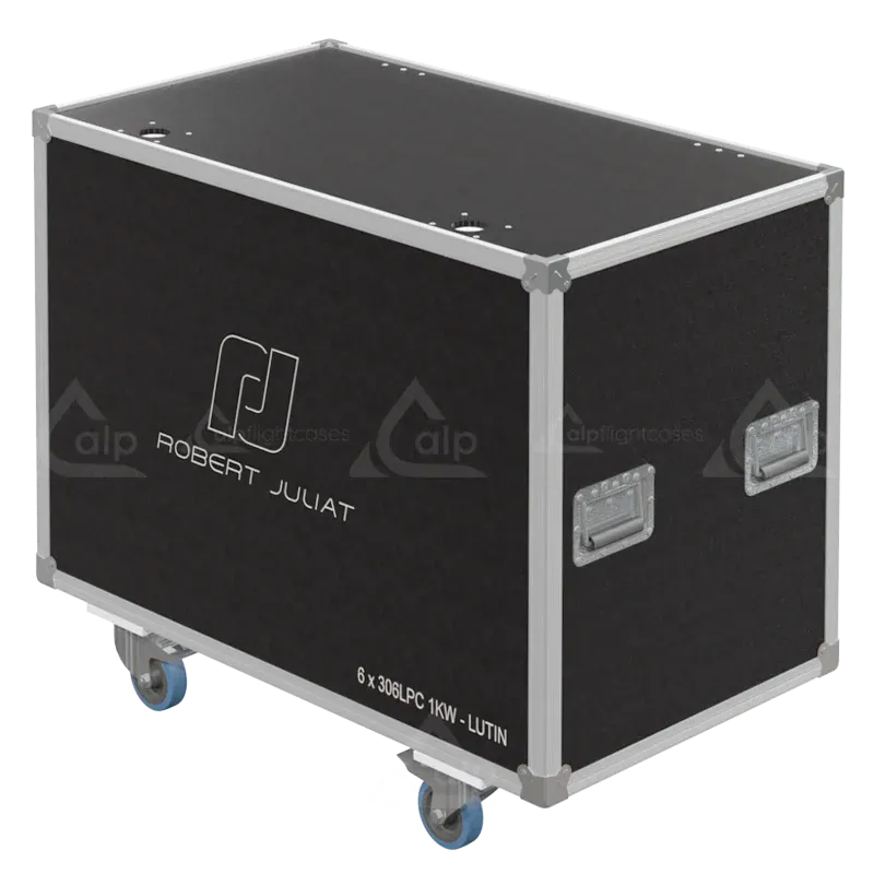 Front left view of the ALP Speedy Box for 6x Robert Juliat 306LF showing recessed handles, butterfly catches and PVC finishing