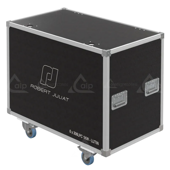 Front left view of the ALP Speedy Box for 6x Robert Juliat 306LF showing recessed handles, butterfly catches and PVC finishing