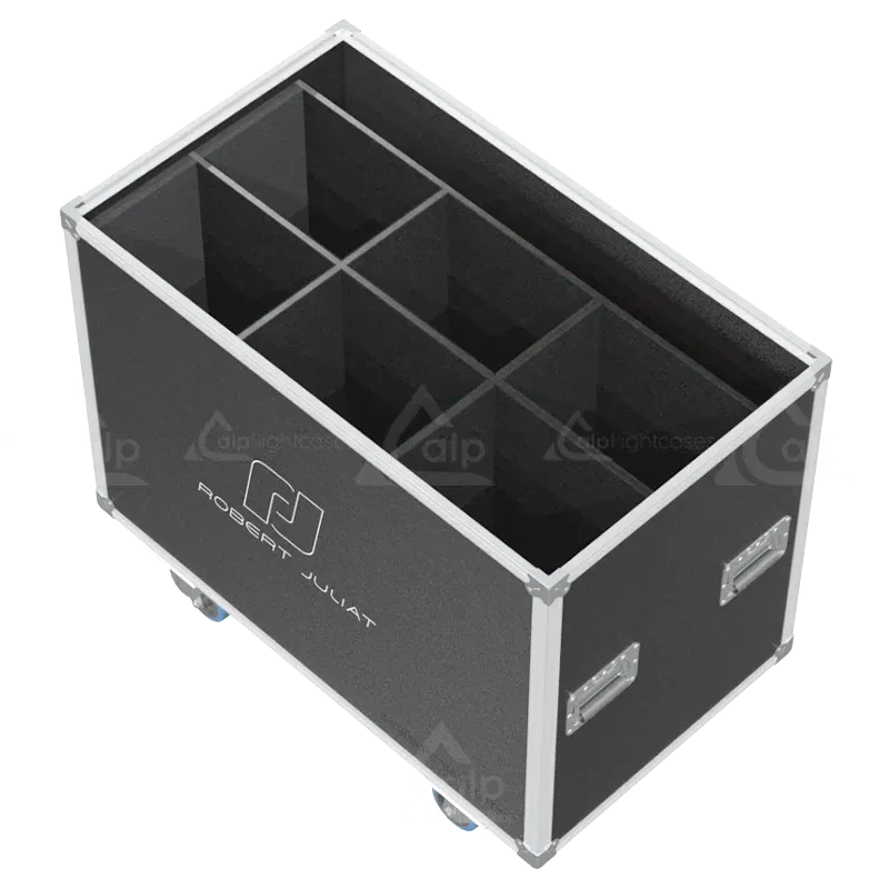 Open empty view of the ALP Speedy Box for 6x Robert Juliat 306LF showing the custom protective interior layout