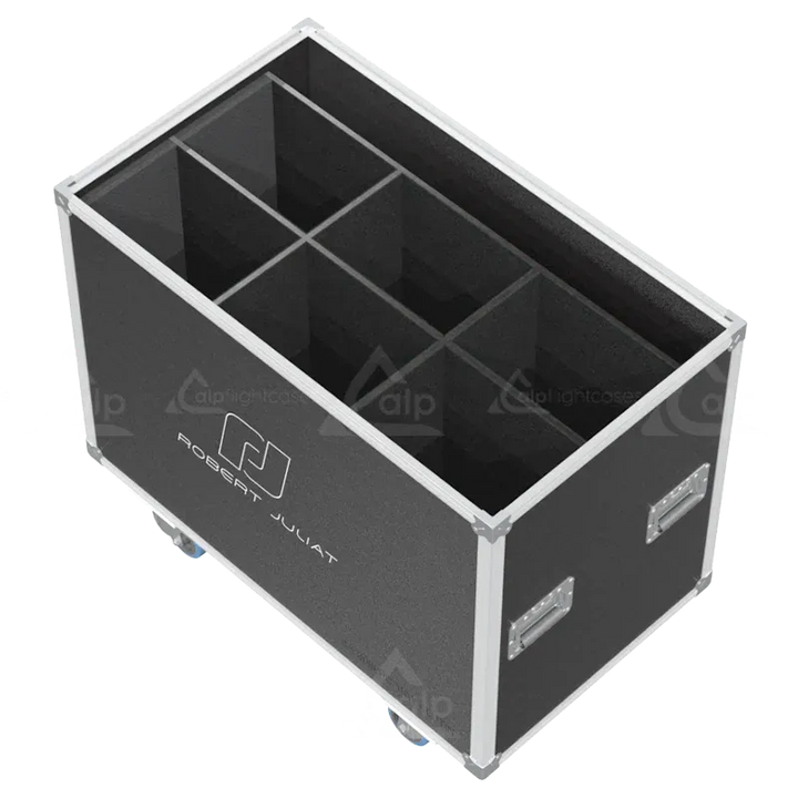Open empty view of the ALP Speedy Box for 6x Robert Juliat 306LF showing the custom protective interior layout