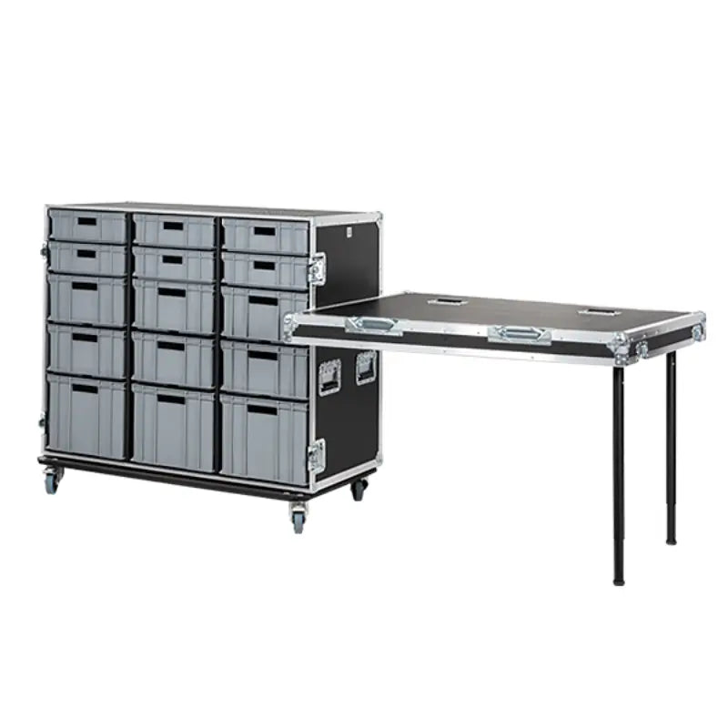 Open view of the ALP Tool Case with 15 Euro Containers installed for organized storage of tools, parts and accessories