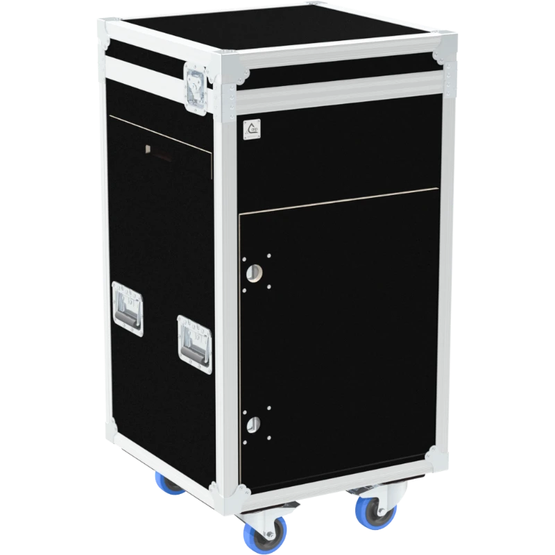 Front right view of the ALP Tool Side Sliding 14U with 5 Pro Drawers featuring reinforced touring hardware, butterfly catches and durable construction