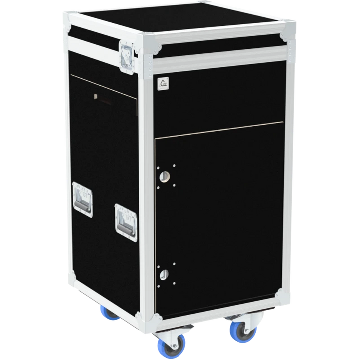 Front right view of the ALP Tool Side Sliding 14U with 5 Pro Drawers featuring reinforced touring hardware, butterfly catches and durable construction