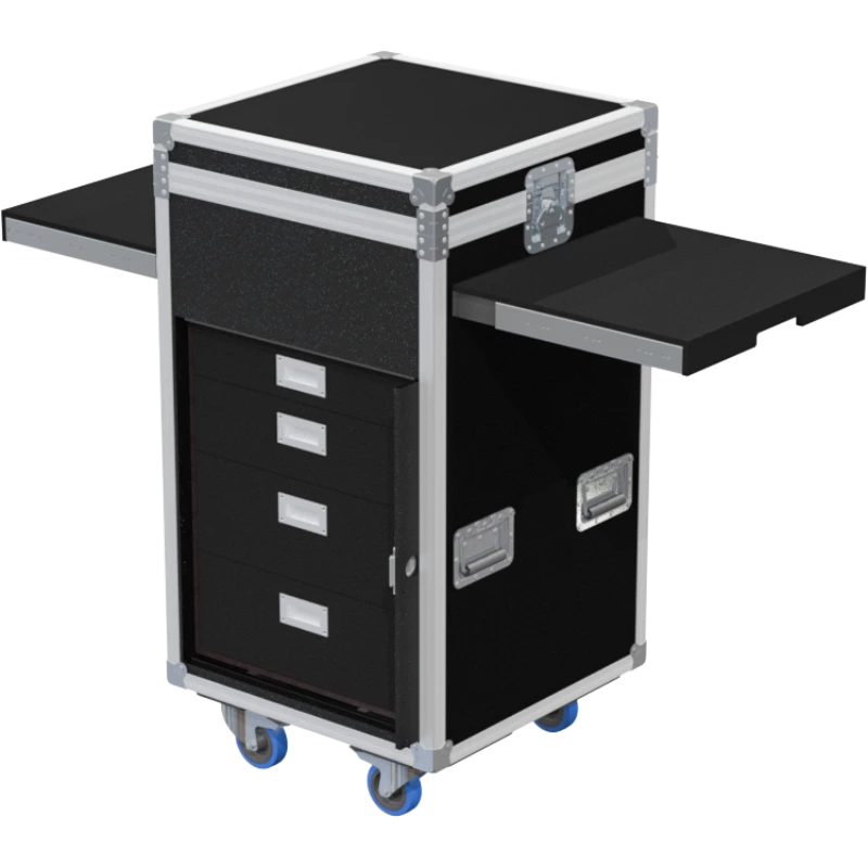 Open view of the ALP Tool Side Sliding 14U with five drawers and sliding side compartment extended for tool and equipment organization