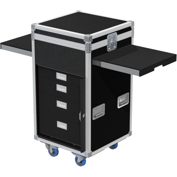 Open view of the ALP Tool Side Sliding 14U with five drawers and sliding side compartment extended for tool and equipment organization