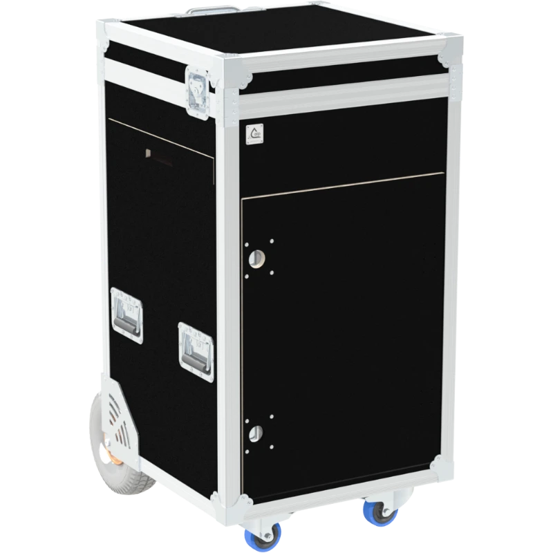 Front right view of the ALP Tool Side Sliding 14U with 5 TT Drawers featuring reinforced touring hardware, butterfly catches and durable construction