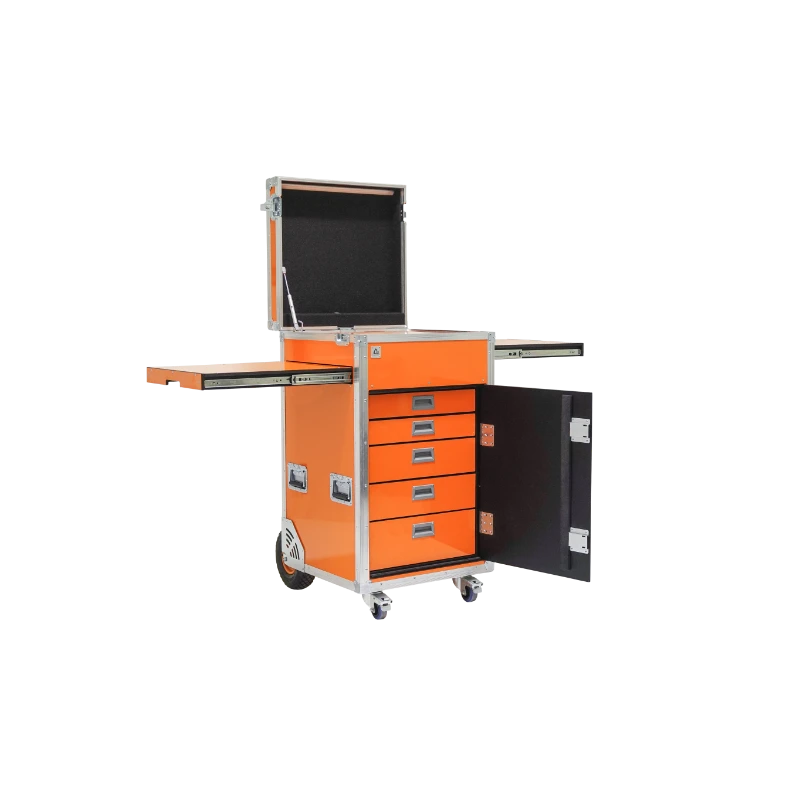 Open view of the ALP Tool Side Sliding 14U with five TT drawers and sliding side compartment extended for tool and equipment organization