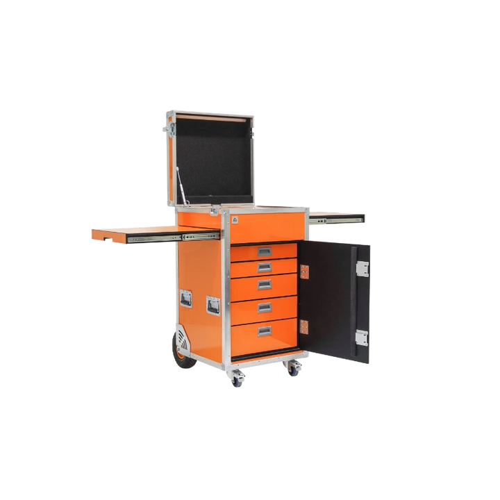 Open view of the ALP Tool Side Sliding 14U with five TT drawers and sliding side compartment extended for tool and equipment organization