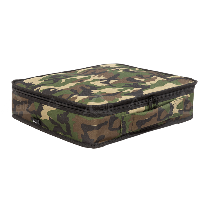 Front right view of the ALP Bag Walkie Talkie Army in 600D Cordura with reinforced finishing and compact protective format