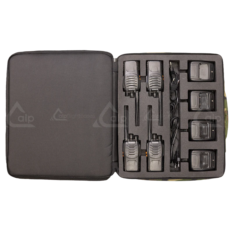 Open view of the ALP Bag Walkie Talkie Army with walkie talkie equipment safely positioned inside