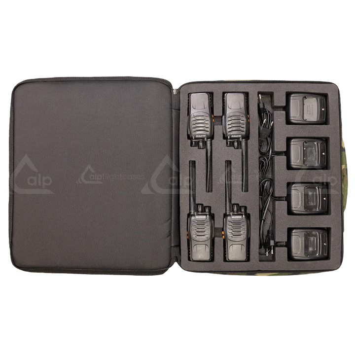 Open view of the ALP Bag Walkie Talkie Army with walkie talkie equipment safely positioned inside