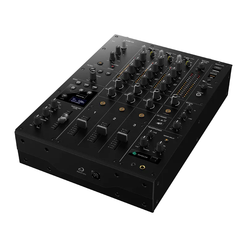 AlphaTheta DJM-V5 professional 6-channel DJ mixer showing top panel controls and high-end finish