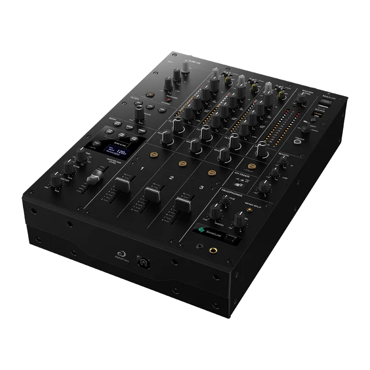 AlphaTheta DJM-V5 professional 6-channel DJ mixer showing top panel controls and high-end finish