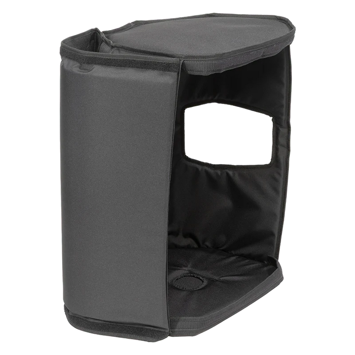 Front view of the professional cover with the side flap open, demonstrating the Plug and Play acoustic deployment for the Alto TS 315.