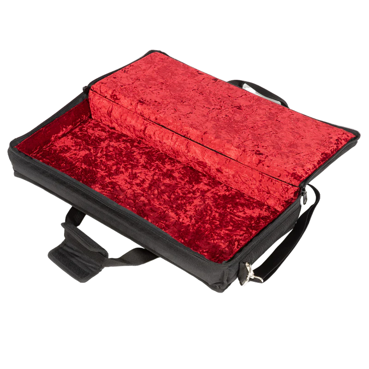 View of the open protective bag without the equipment, highlighting the plush red velvet interior and 11mm foam padding