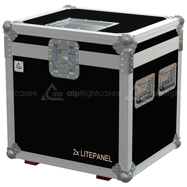 Professional flight case front view, featuring durable construction and high-quality hardware for 2x Astra 6X Litepanel by ALP Flight Cases.