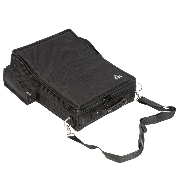 Side profile view of the protective bag highlighting the exterior pockets and shoulder strap
