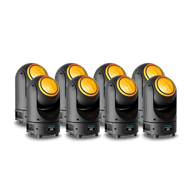 Eight Ayrton MagicDot Neo fixtures shown alone as reference for ALP flight case compatibility