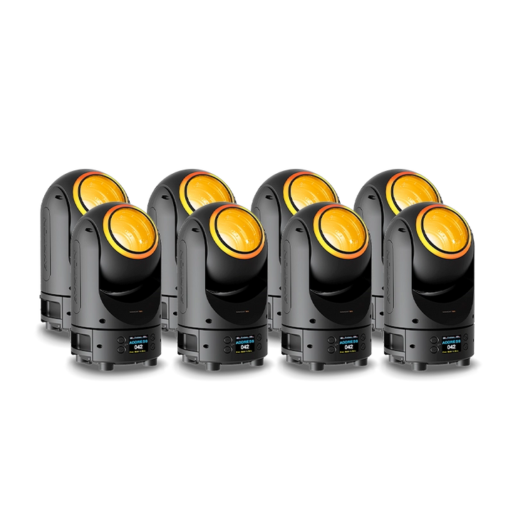 Eight Ayrton MagicDot Neo fixtures shown alone as reference for ALP flight case compatibility