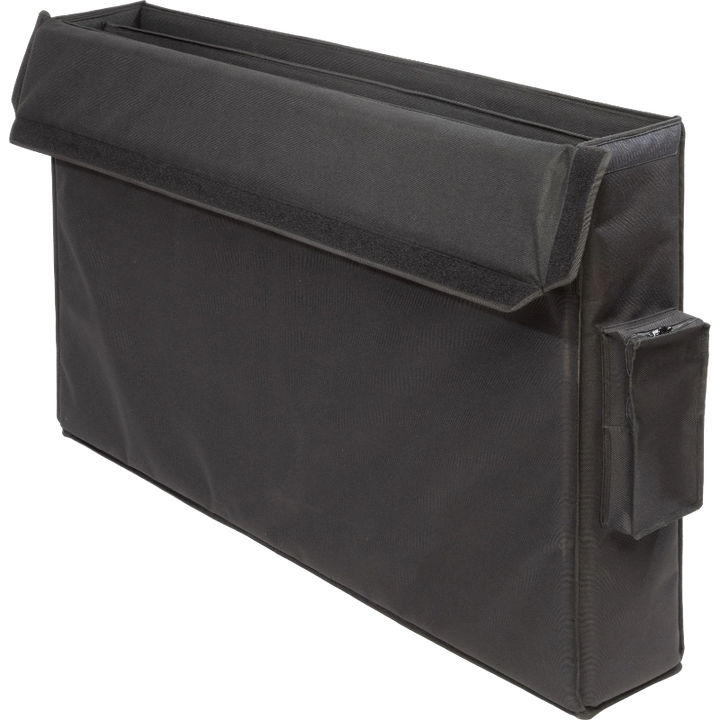 Professional video equipment bag rear view, showcasing reinforced finishing borders and the plastic label holder by ALP.