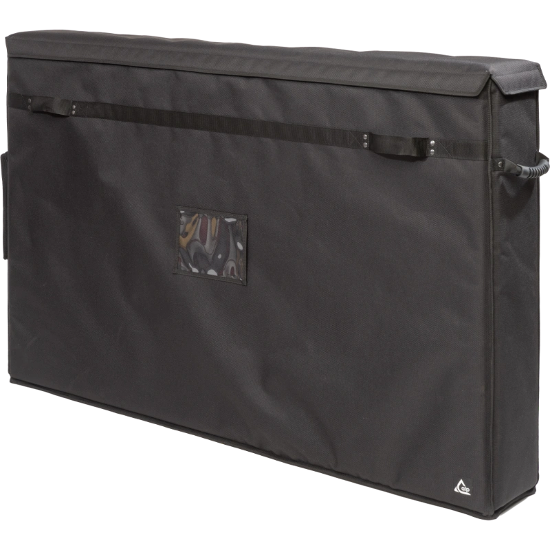 Professional custom fit bag front right view, featuring durable 1500 Denier Cordura and an exterior pocket for two 50-60 inch LCD screens by ALP Bags.