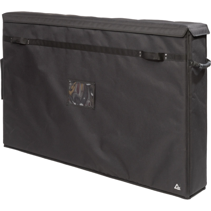 Professional custom fit bag front right view, featuring durable 1500 Denier Cordura and an exterior pocket for two 50-60 inch LCD screens by ALP Bags.