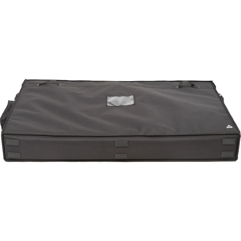 Professional video equipment bag bottom view, showcasing reinforced finishing borders, reinforced handles, and the plastic label holder by ALP.