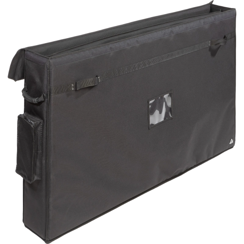 Interior view of the professional bag, highlighting the rigid Platex structure and secure dual compartment fit for the large flat screens.