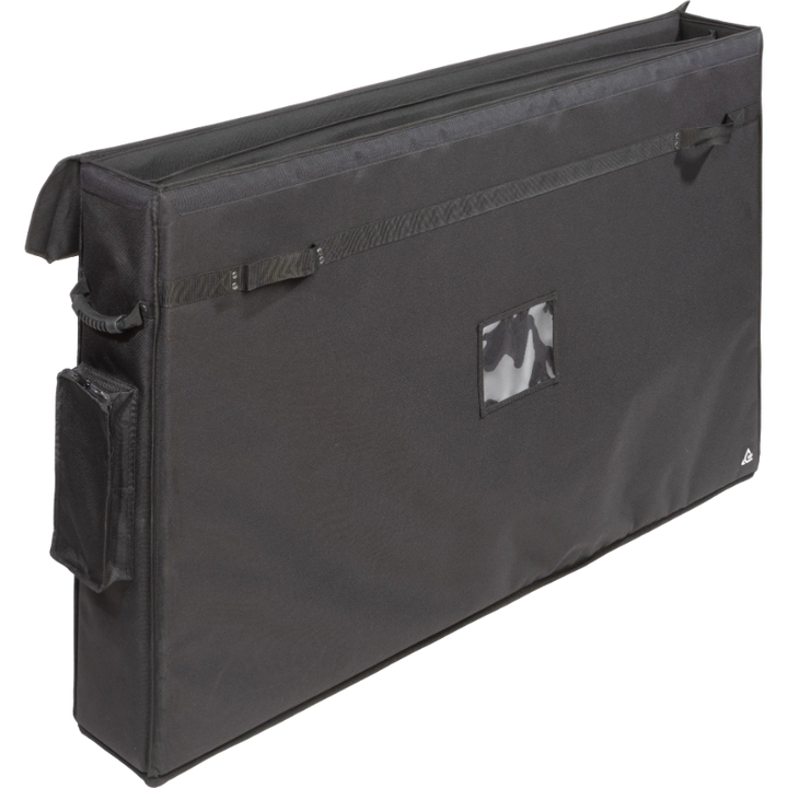 Interior view of the professional bag, highlighting the rigid Platex structure and secure dual compartment fit for the large flat screens.