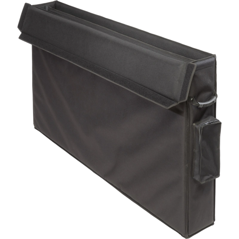 Interior view of the professional bag, highlighting the rigid Platex structure and secure dual compartment fit for the large flat screens.