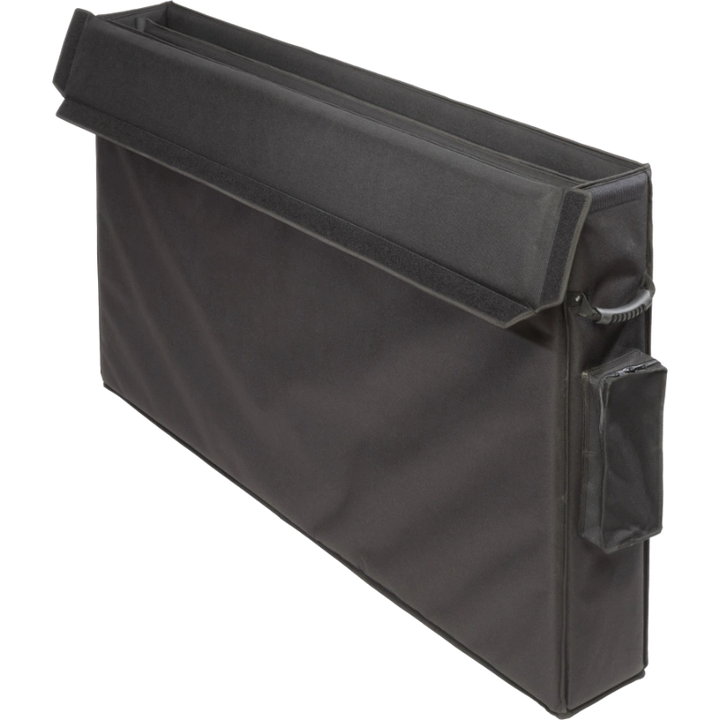 Interior view of the professional bag, highlighting the rigid Platex structure and secure dual compartment fit for the large flat screens.