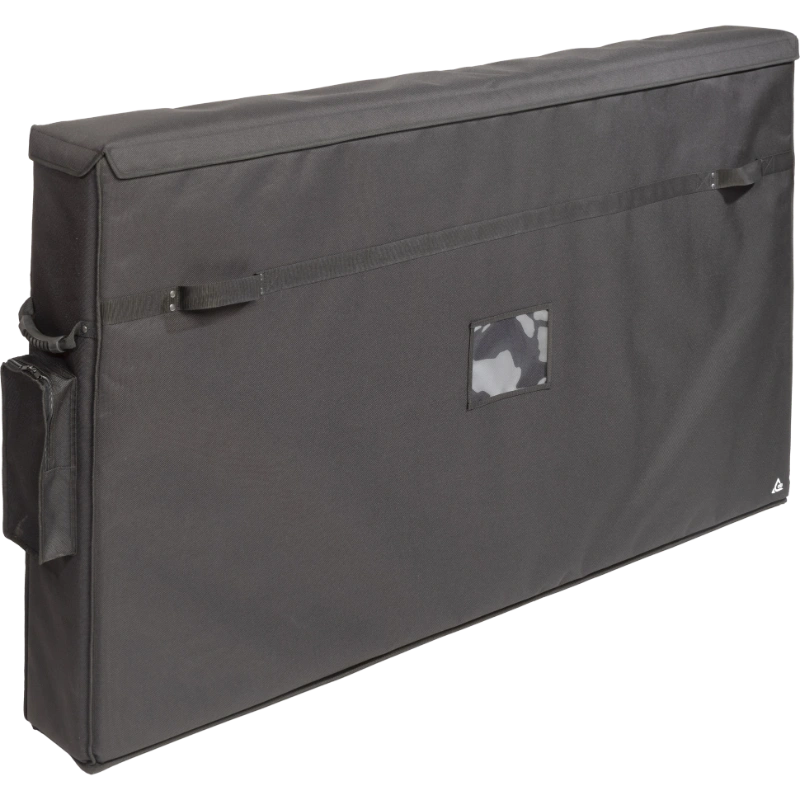 Professional custom fit bag front left view, featuring durable 1500 Denier Cordura and an exterior pocket for two extra-large 60-70 inch LCD screens by ALP Bags.