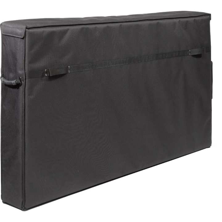 Professional video equipment bag rear view, showcasing reinforced finishing borders, reinforced handles, and the plastic label holder by ALP