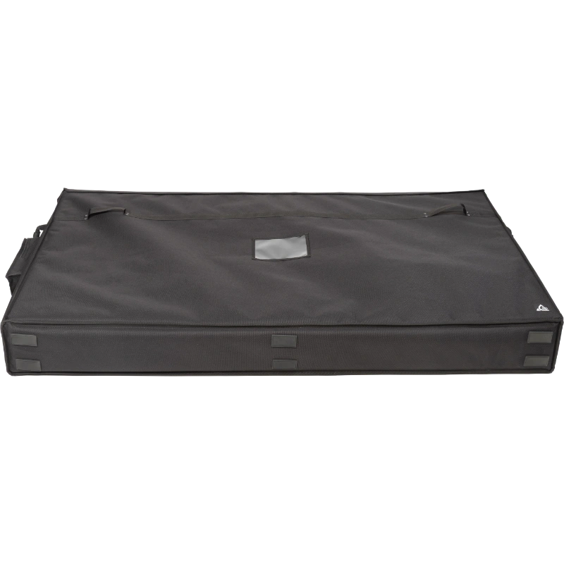 Professional video equipment bag bottom view, showcasing reinforced finishing borders, reinforced handles, and the plastic label holder by ALP.