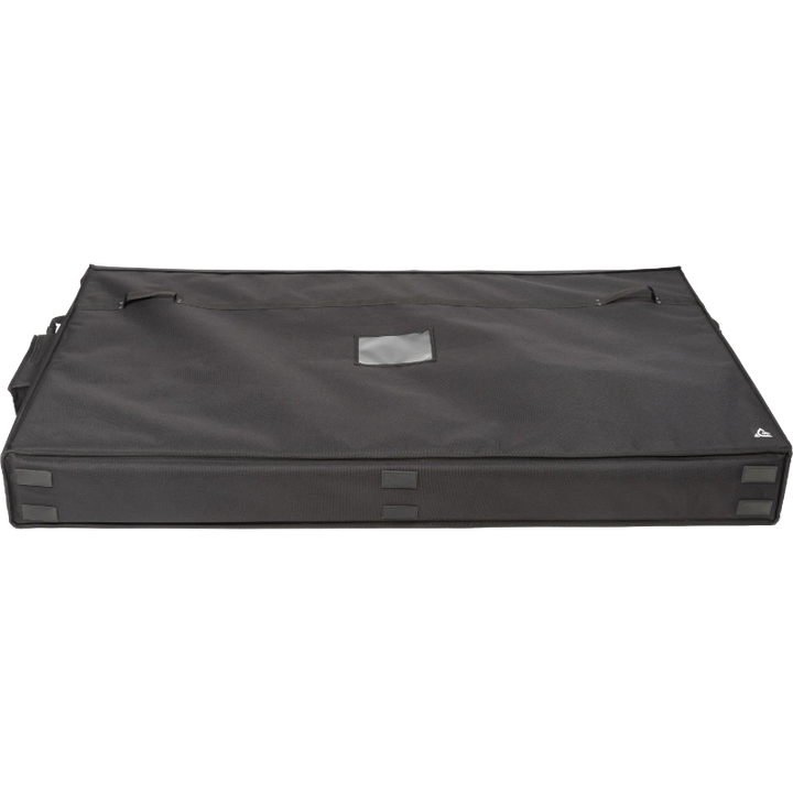 Professional video equipment bag bottom view, showcasing reinforced finishing borders, reinforced handles, and the plastic label holder by ALP.