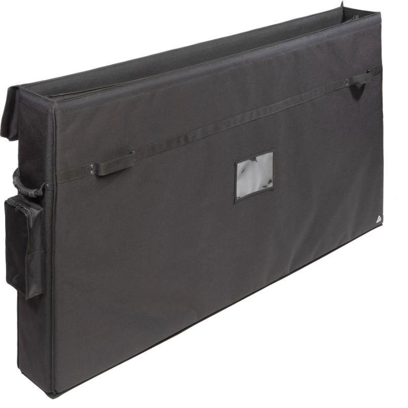 Interior view of the professional bag, highlighting the rigid Platex structure and secure dual compartment fit for the extra-large flat screens.