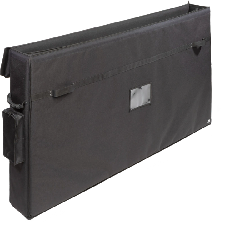 Interior view of the professional bag, highlighting the rigid Platex structure and secure dual compartment fit for the extra-large flat screens.