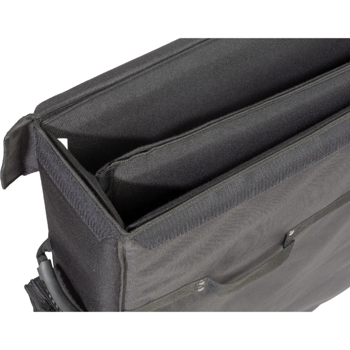 Close-up detail of the heavy-duty 10mm zipper, reinforced handles, and plastic tour label holder on the ALP equipment bag