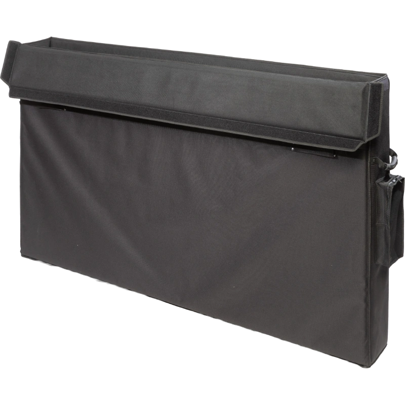 Interior view of the professional bag, highlighting the rigid Platex structure and secure dual compartment fit for the extra-large flat screens, back view