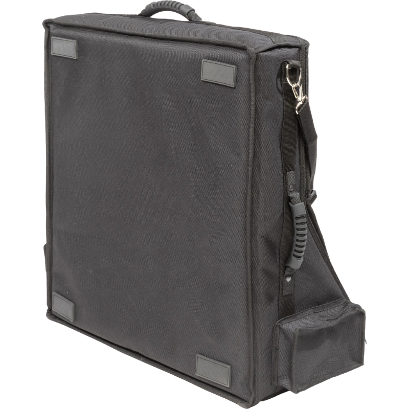 Professional equipment bag bottom view, showcasing reinforced finishing borders, removable shoulder strap, and multiple handles by ALP.
