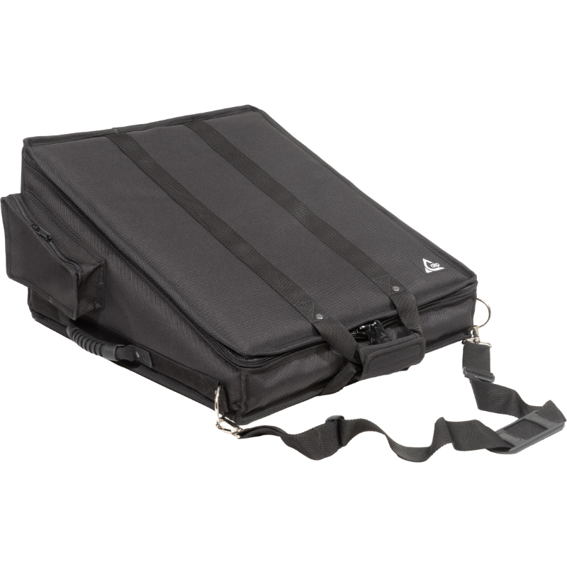 Professional custom fit bag front view, featuring durable 1500 Denier Cordura and exterior pockets for an Allen & Heath QU-5 console by ALP Bags.