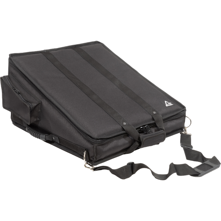 Professional custom fit bag front view, featuring durable 1500 Denier Cordura and exterior pockets for an Allen & Heath QU-5 console by ALP Bags.