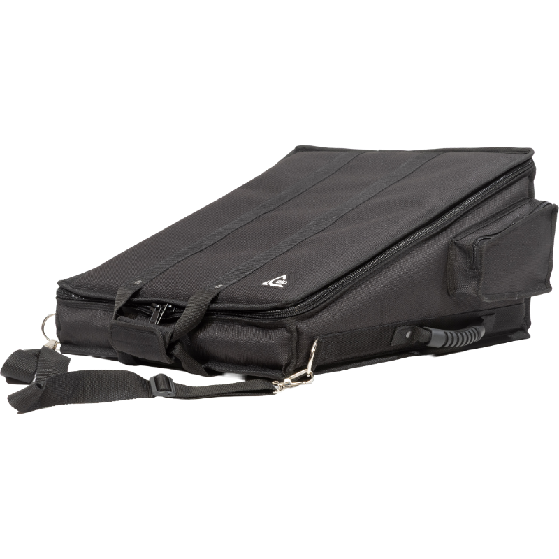 Professional custom fit bag front right view, featuring durable 1500 Denier Cordura and exterior pockets for an Allen & Heath QU-5 console by ALP Bags.