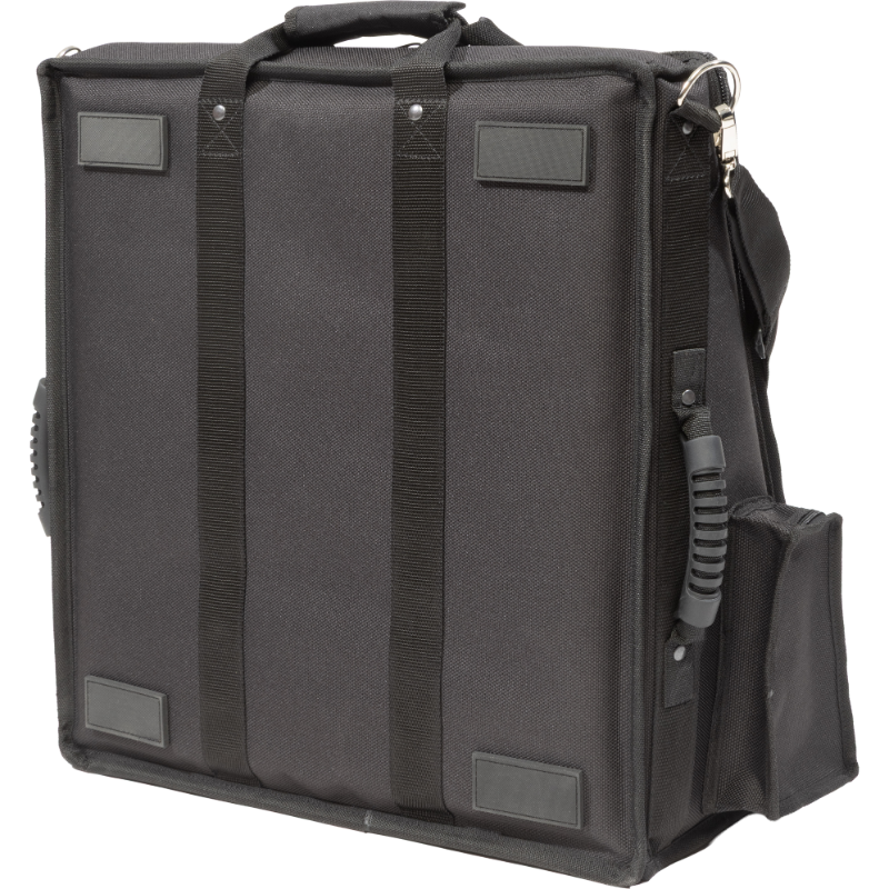 Professional equipment bag bottom view, showcasing reinforced finishing borders, removable shoulder strap, and multiple handles by ALP.